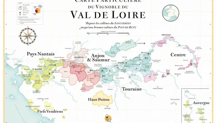 Carte du vignoble du Val de Loire, des châteaux aux vignes.