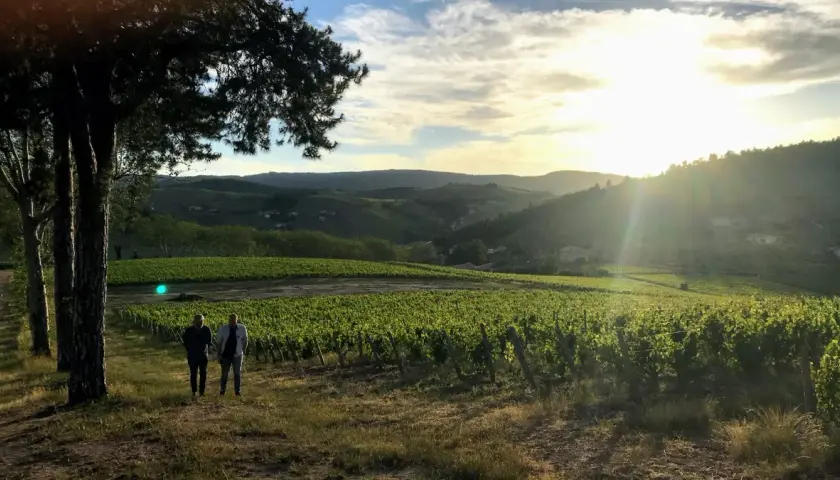 Deux hommes se promènent dans les vignes au coucher du soleil, près du **château de Poncié**. Le paysage vallonné est baigné d'une lumière dorée.