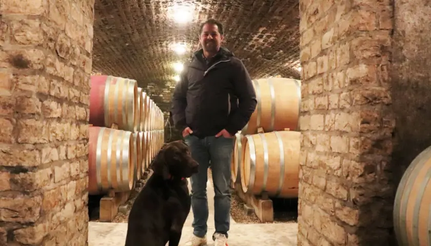 Denis Mortet, un vigneron passionné, pose dans sa cave aux côtés de son fidèle compagnon, un chien brun, entourés de fûts de vin en chêne.