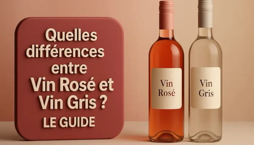 Deux bouteilles, l'une de vin rosé et l'autre de vin gris, côte à côte. Un panneau indique "Quelles différences entre Vin Rosé et Vin Gris ? LE GUIDE".