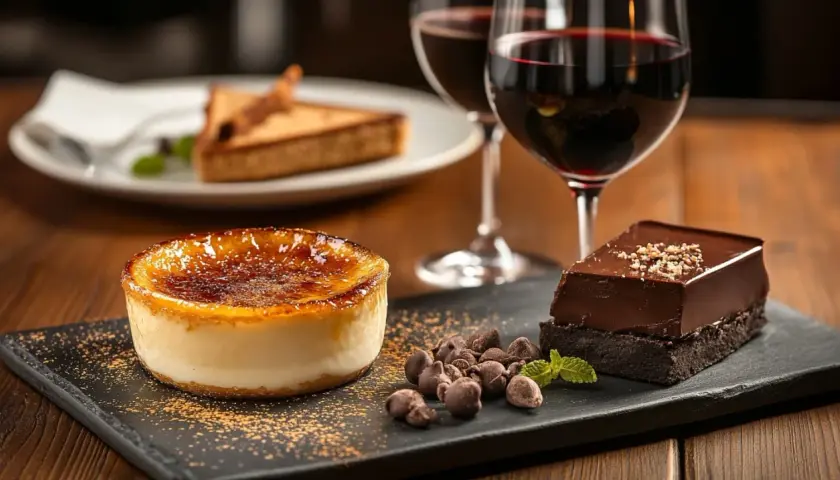 Crème brûlée et gâteau au chocolat, accompagnés de deux verres de vin rouge. Quel vin rouge avec dessert ? Une belle invitation à la gourmandise.