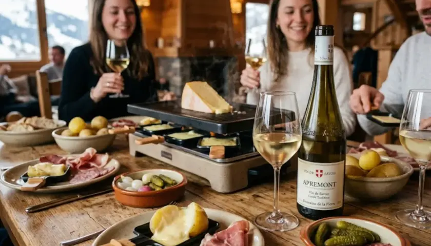 Un groupe d'amis savoure une raclette et du vin blanc, avec une bouteille d'Apremont. Le pinot noir raclette est un délice.