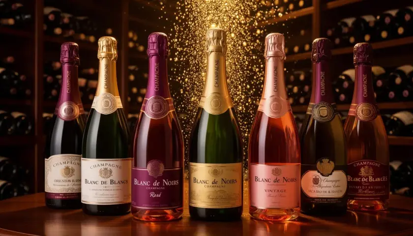 Une sélection de bouteilles de champagne, dont un "Blanc de Blancs" et un "Blanc de Noirs", baignant dans une lumière dorée. La fiche d'encépagement champagne est subtilement suggérée par la variété des cuvées.