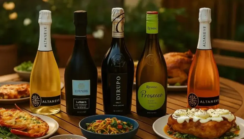 Cinq bouteilles de vin pétillant, dont un Riondo Prosecco, sont disposées sur une table en bois avec des plats de fruits de mer et un poulet rôti.