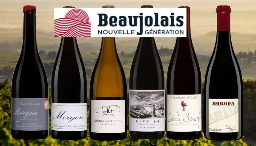 Six bouteilles de vin du Beaujolais, dont un Morgon de Jean Foillard, sous le logo "Beaujolais Nouvelle Génération".