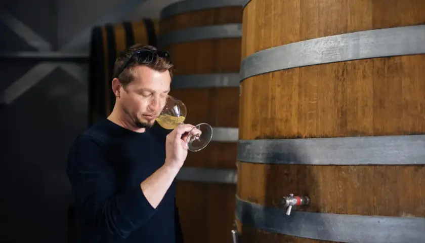 Un homme déguste un verre de vin blanc, peut-être un chardonnay, dans une cave à vin.