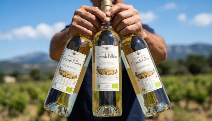 Trois bouteilles de vin blanc "Domaine de la Grande Pallière" Côtes de Provence, un vin doux ou moelleux, présentées par un vigneron.