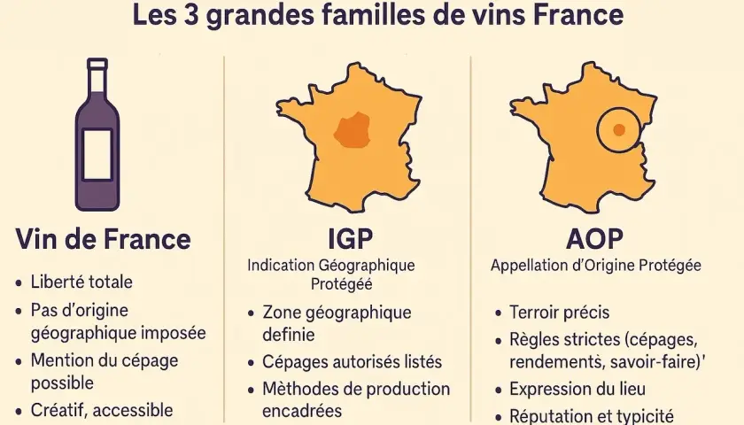 Les 3 grandes familles de vins français : Vin de France (créatif, accessible), IGP (zone géographique définie) et AOP (terroir précis). Un guide pour choisir votre vin cacher.