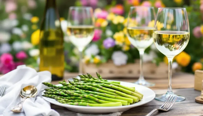 Un plateau d'asperges vertes fraîches, prêt à être dégusté avec un vin blanc. La question se pose : quel vin avec asperges pour un accord parfait ?