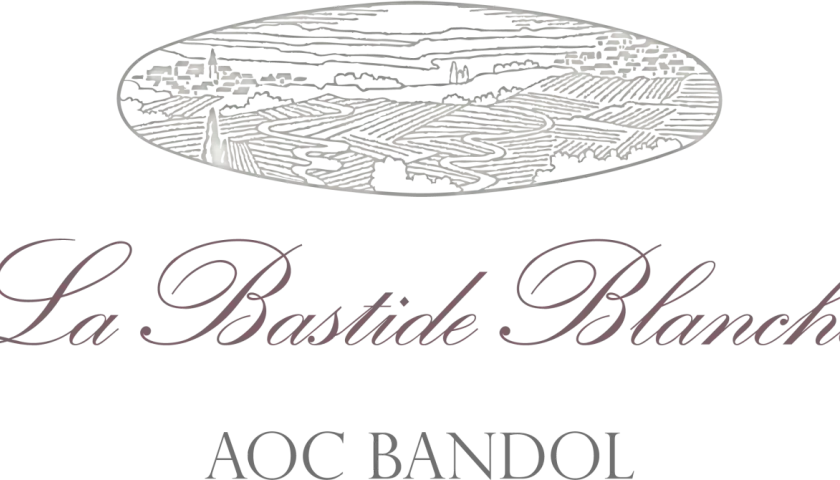 Logo de La Bastide Blanche, un domaine viticole avec un paysage de vignobles et un village.
