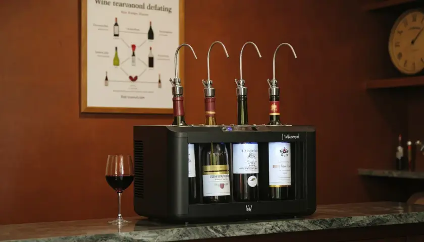 Système de conservation de vin avec quatre bouteilles ouvertes, un verre de vin rouge à côté. Le tableau temps de garde des vins au mur donne des conseils.