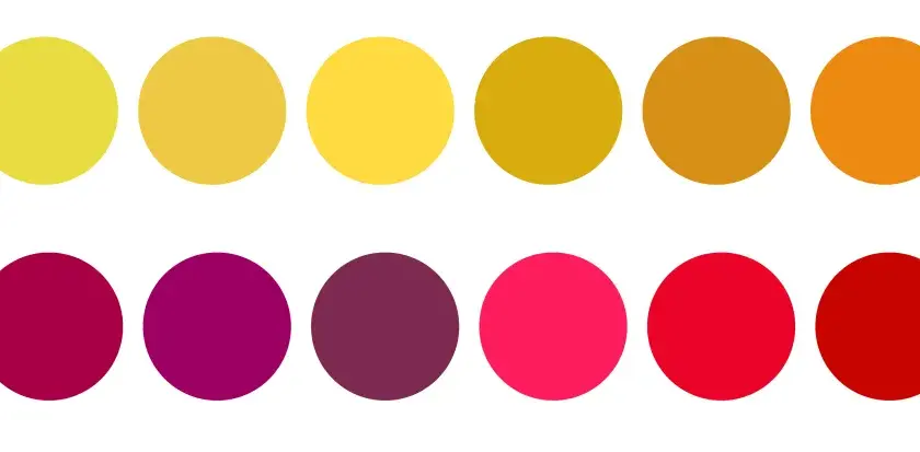 Palette de couleurs vives, allant du jaune pâle au brun orangé, rappelant la couleur vin blanc, et du bordeaux au rouge vif.