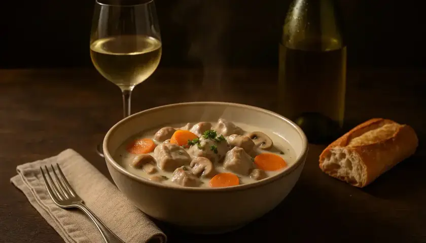 Un bol fumant de blanquette de veau avec carottes et champignons, accompagné d'un verre de vin blanc et d'une baguette.