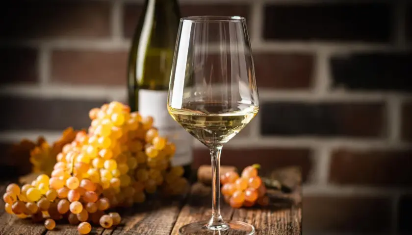 Verre de vin blanc, grappes de raisins dorés et bouteille sur fond de briques. Le chardonnay est-il un vin sec ? La réponse est dans le verre.