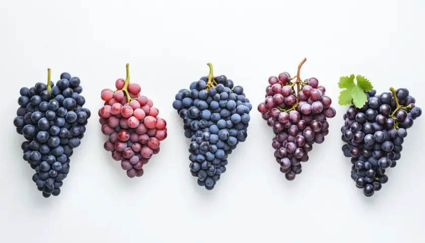 Cinq grappes de raisins, dont un cépage corse rouge, sur fond blanc.