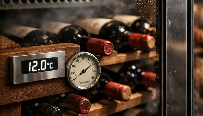 Cave à vin électrique : affichage 12°C et hygromètre. Pour savoir comment régler une cave à vin électrique, surveillez ces indicateurs.