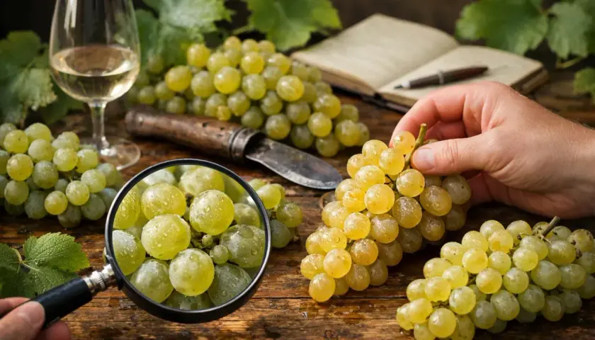 Gros plan sur un cépage de vin blanc très populaire, des grappes de raisins verts juteux sous une loupe, avec un verre de vin et un carnet en arrière-plan.