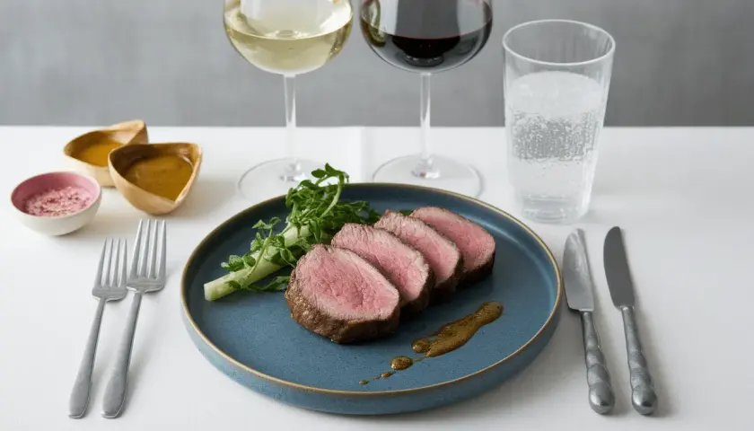 Filet mignon de porc tranché, servi avec une sauce et des verdures, accompagné de vin blanc et rouge.