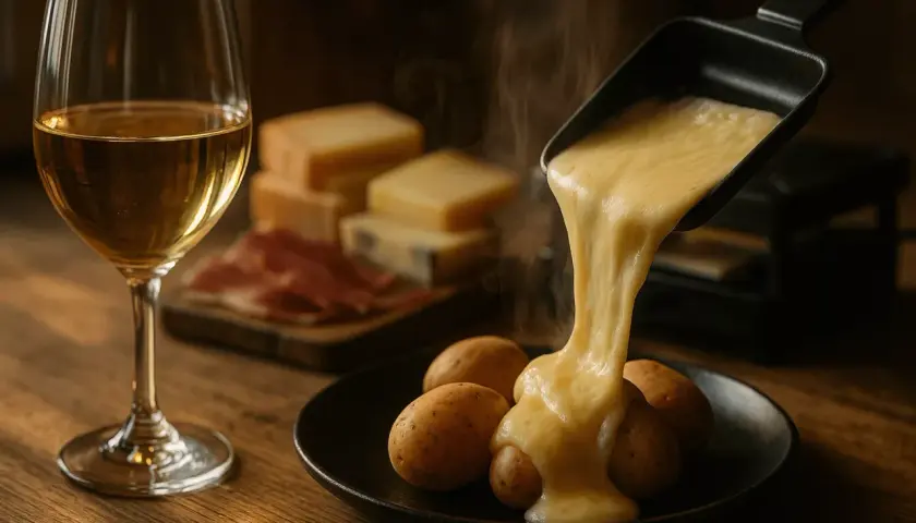 Fondue de fromage dégoulinant sur des pommes de terre, avec un verre de vin blanc, peut-être un petite arvine, et des tranches de charcuterie.