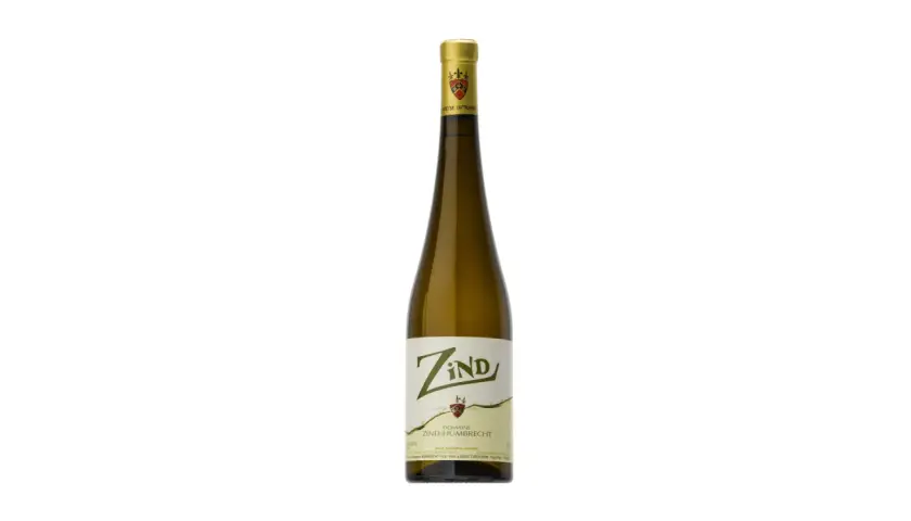 Bouteille de vin blanc du Domaine Zind-Humbrecht, avec une étiquette stylisée et un bouchon doré.