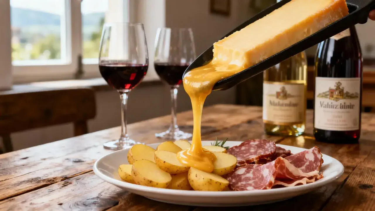 Raclette fondant sur des pommes de terre et de la charcuterie, accompagné de vin d'Alsace. Un délice pour les papilles !