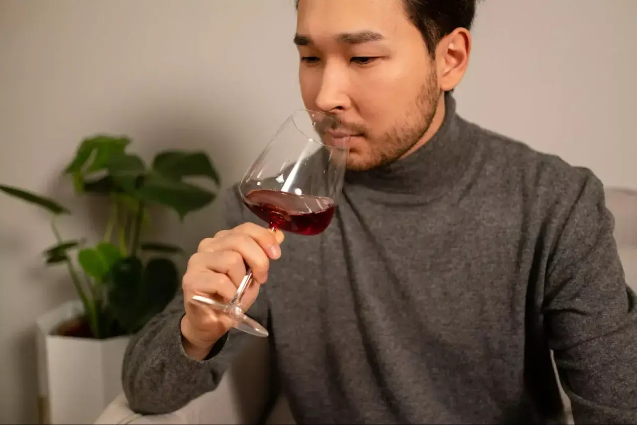 Un homme déguste un verre de vin rouge, réfléchissant à ce que contient le vin. Une plante verte est visible en arrière-plan.