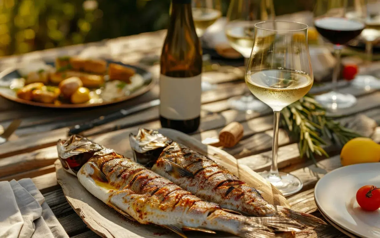 Deux poissons grillés sur un plateau en bois, accompagnés de vin blanc. Une question se pose : quel vin avec poisson en sauce pour sublimer ce repas ?