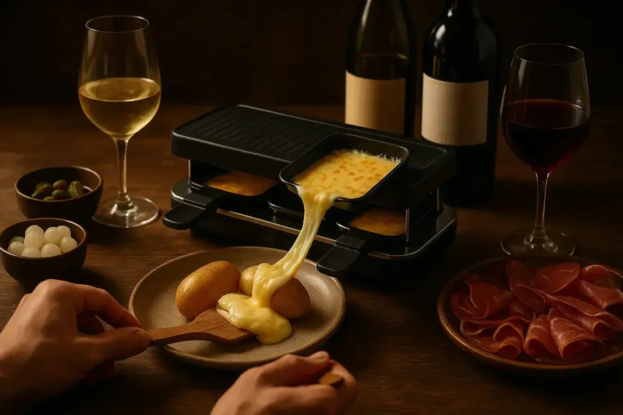 Raclette savoyarde fondante avec vin blanc de Savoie. Fromage coulant sur pommes de terre, accompagné de charcuterie et cornichons.