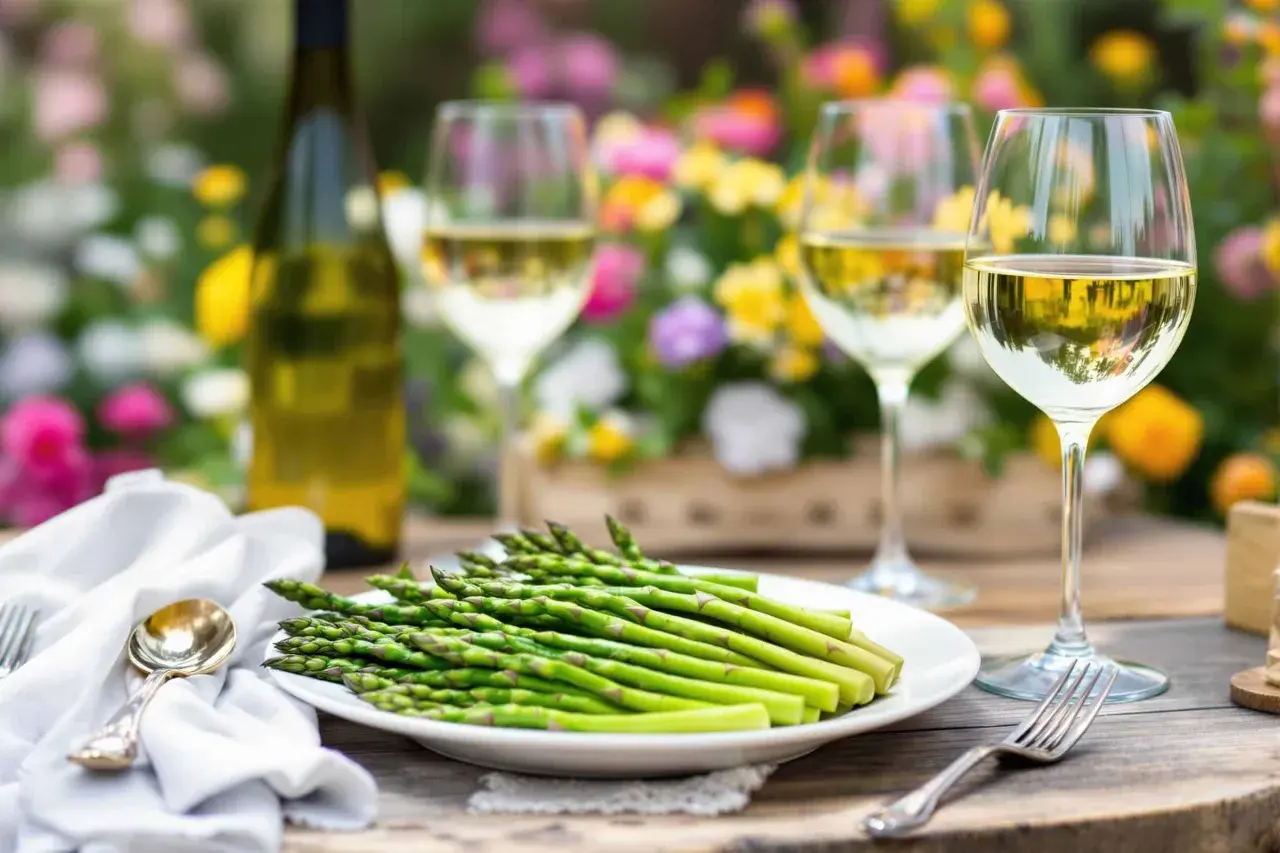 Un plateau d'asperges vertes fraîches, prêt à être dégusté avec du vin blanc. Idéal pour savoir avec quoi associer les asperges lors d'un repas printanier.
