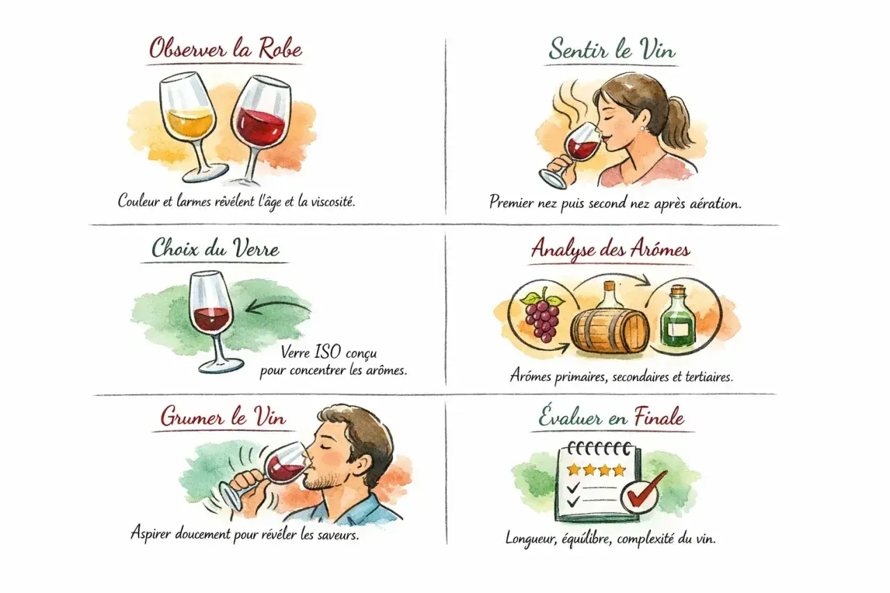 Guide pour déguster un vin saumur : observer la robe, sentir, analyser les arômes, choisir le verre, grumer et évaluer.