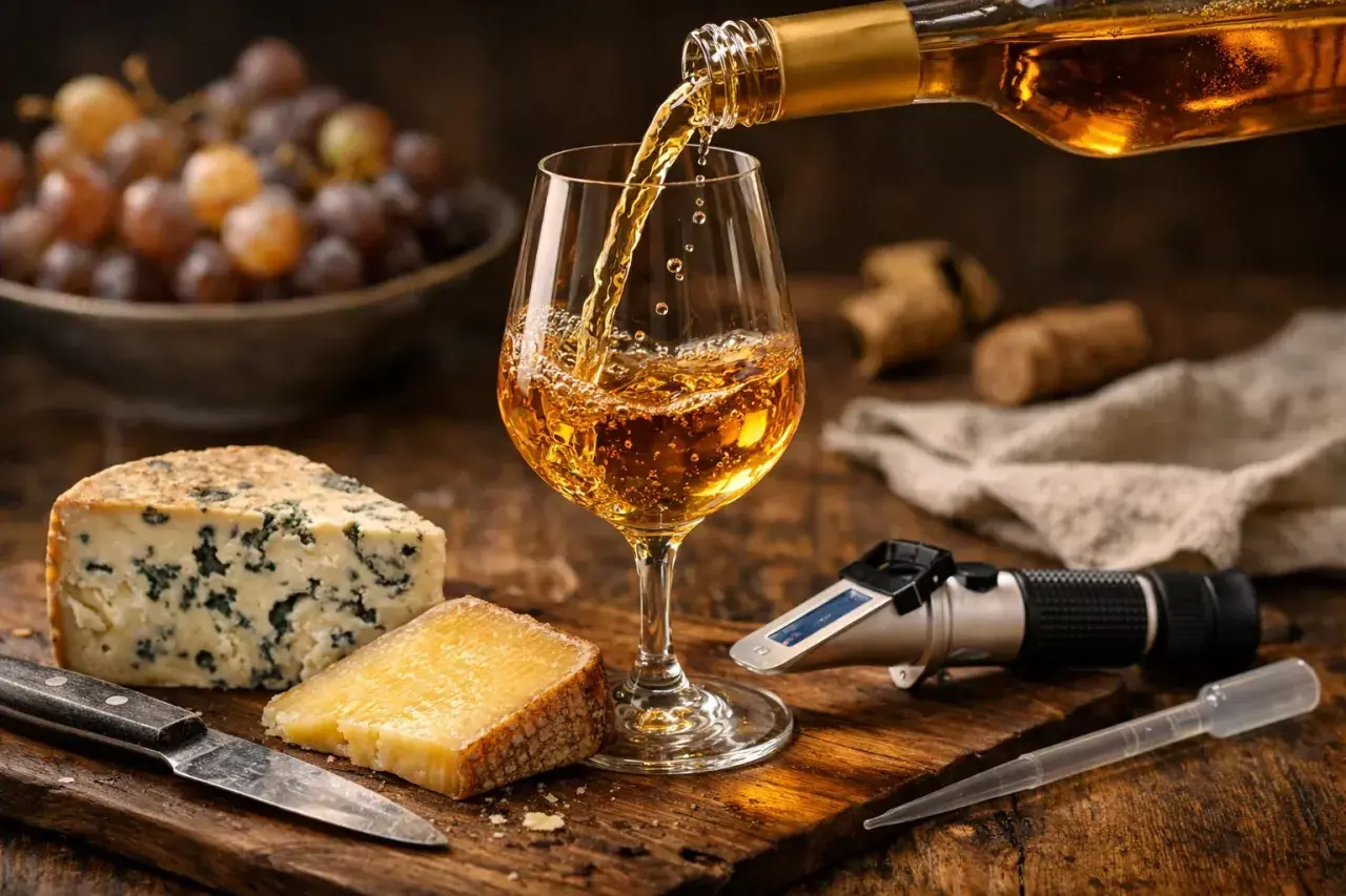 Un verre de pinot blanc est servi avec des fromages bleus et affinés, des raisins et un réfractomètre.
