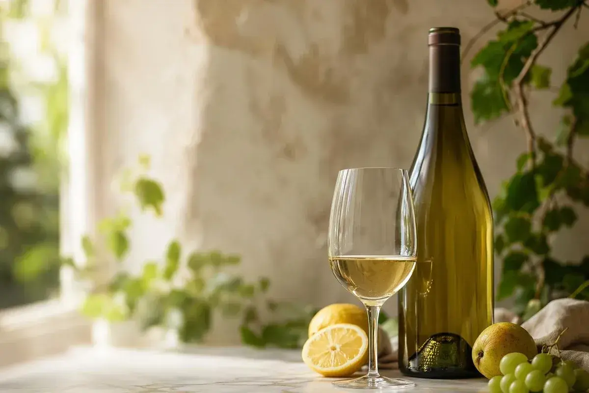 Verre de vin blanc, citron, poire et raisins, évoquant les meilleurs sauvignon blanc.