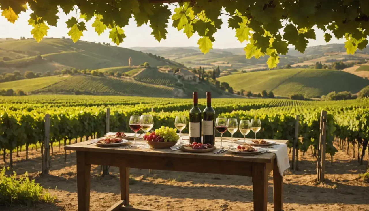 Table dressée au milieu d'un domaine viticole, avec des bouteilles de vin, des verres et des grappes de raisin. Le soleil se couche sur les collines verdoyantes.