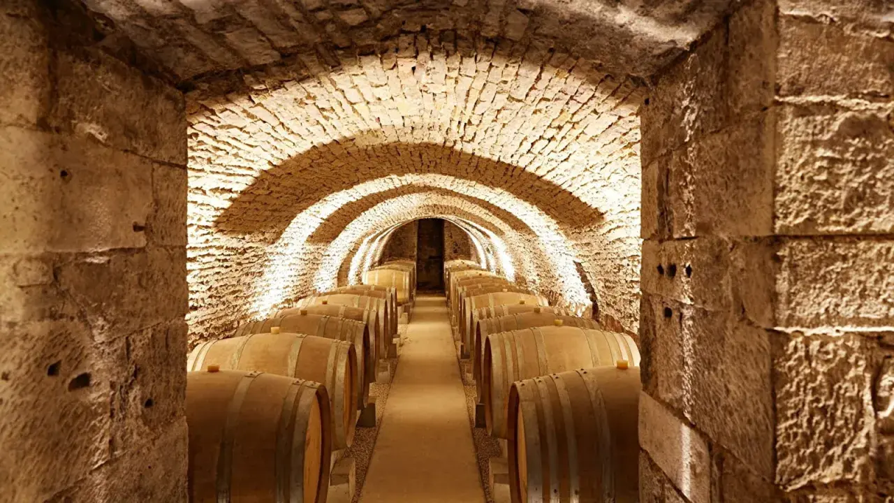 Cave voûtée en pierre, éclairée par des spots, remplie de fûts de chêne. Un lieu idéal pour le vieillissement des vins de Prosper Maufoux.