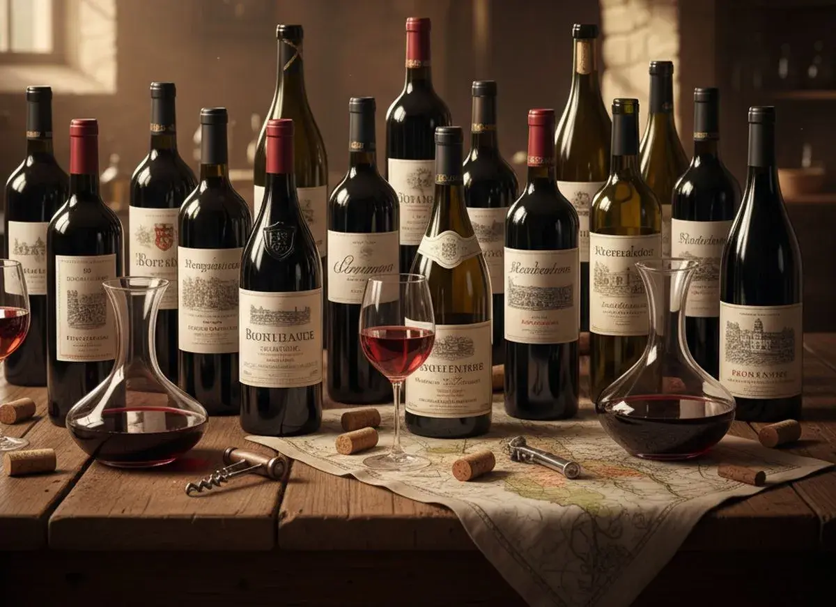 Une sélection des meilleurs vins de France, prêts à être dégustés. Bouteilles, carafes et verres sur une carte ancienne.