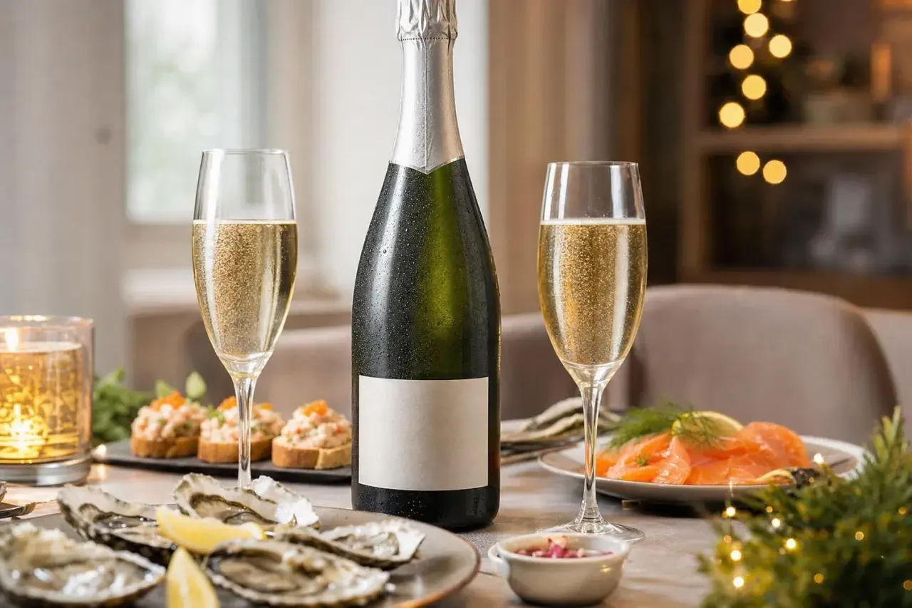 Bouteille de crémant champagne avec deux flûtes pétillantes, huîtres, saumon fumé et toasts. Une table festive prête pour l'apéritif.