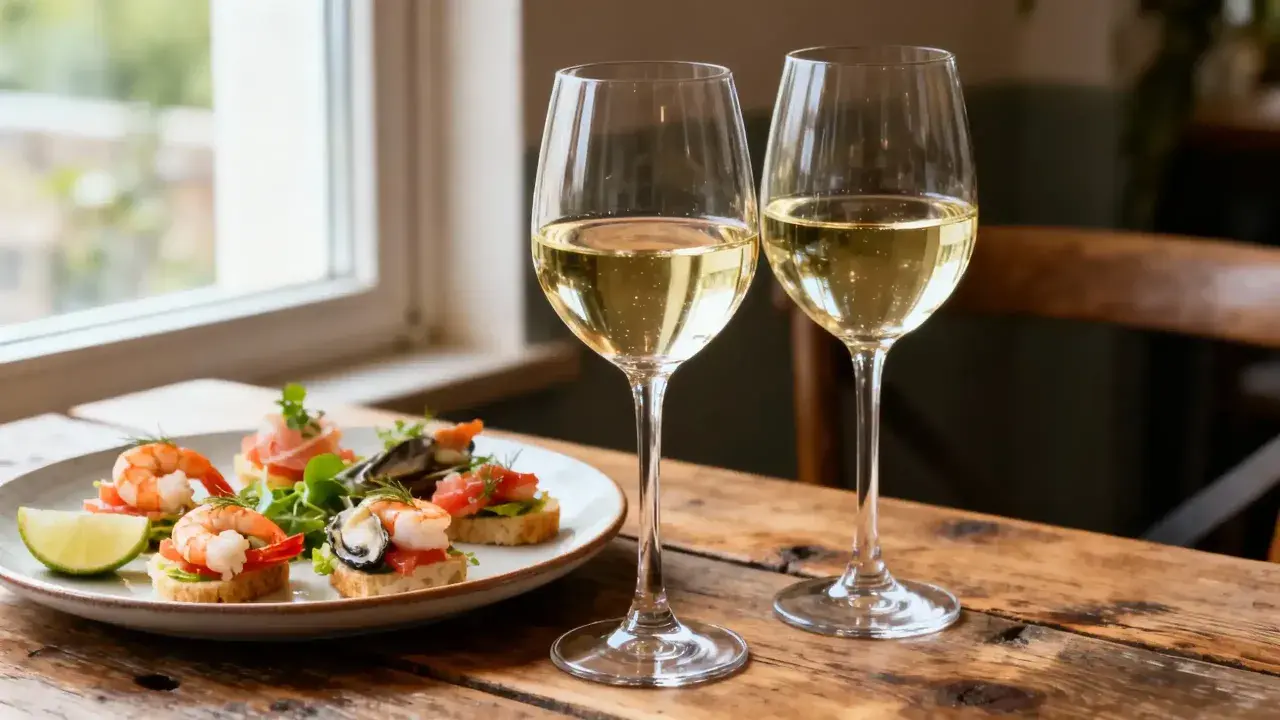 Deux verres de vin blanc pétillant pour un apéro savoureux, accompagnés de délicieux toasts aux fruits de mer et d'une tranche de citron vert.