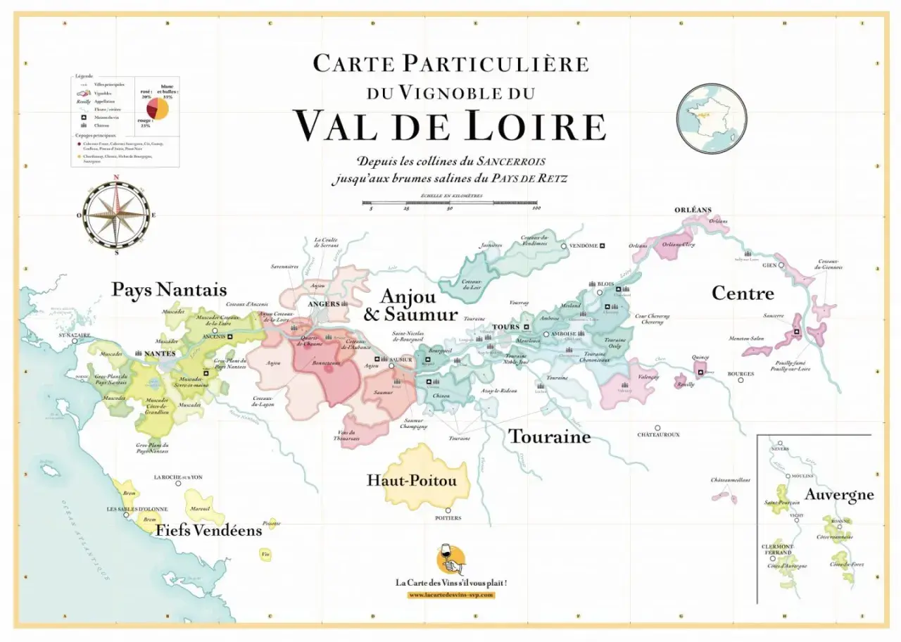 Carte du vignoble du Val de Loire, des châteaux aux vignes.