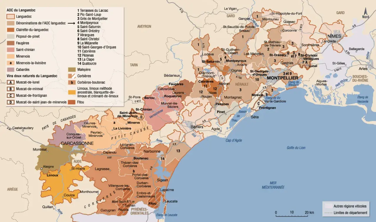Carte des vins du Languedoc avec les appellations AOC et les vins doux naturels.