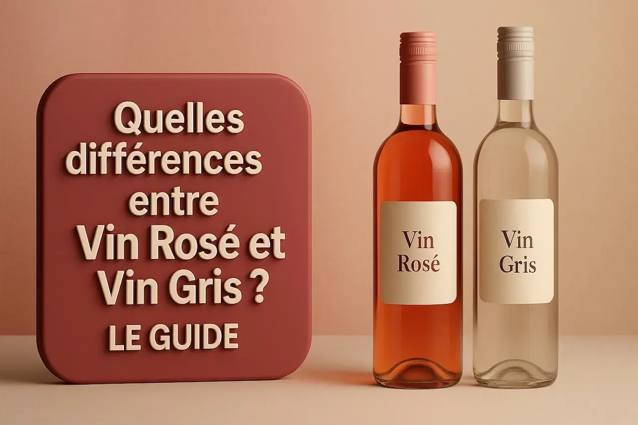 Deux bouteilles, l'une de vin rosé et l'autre de vin gris, côte à côte. Un panneau indique "Quelles différences entre Vin Rosé et Vin Gris ? LE GUIDE".