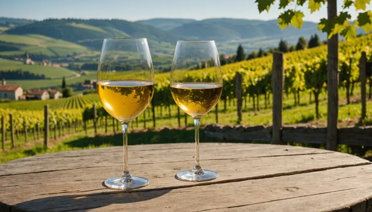 Deux verres de vin jaune, reflets du vignoble ensoleillé. Un cépage vin jaune qui promet une dégustation exquise.