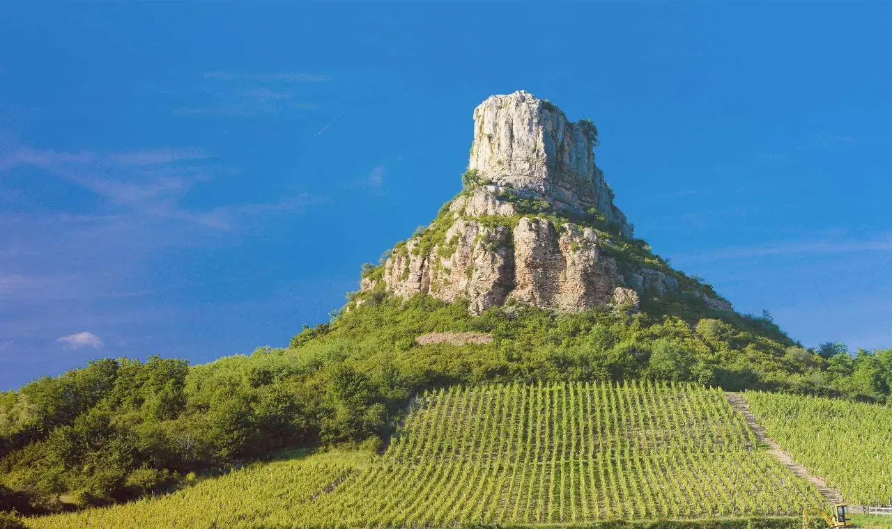 Le rocher de la Roche de Solutré, site emblématique de la Bourgogne, se dresse fièrement au-dessus des vignobles verdoyants. Un paysage à couper le souffle, digne des plus belles cartes postales de guffens heynen.
