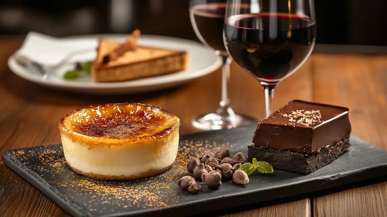 Crème brûlée et gâteau au chocolat, accompagnés de deux verres de vin rouge. Quel vin rouge avec dessert ? Une belle invitation à la gourmandise.
