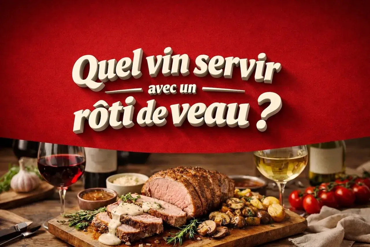 Un rôti de veau savoureux, accompagné de pommes de terre et de champignons, avec un verre de vin rouge. Quel vin servir avec un rôti de veau ?