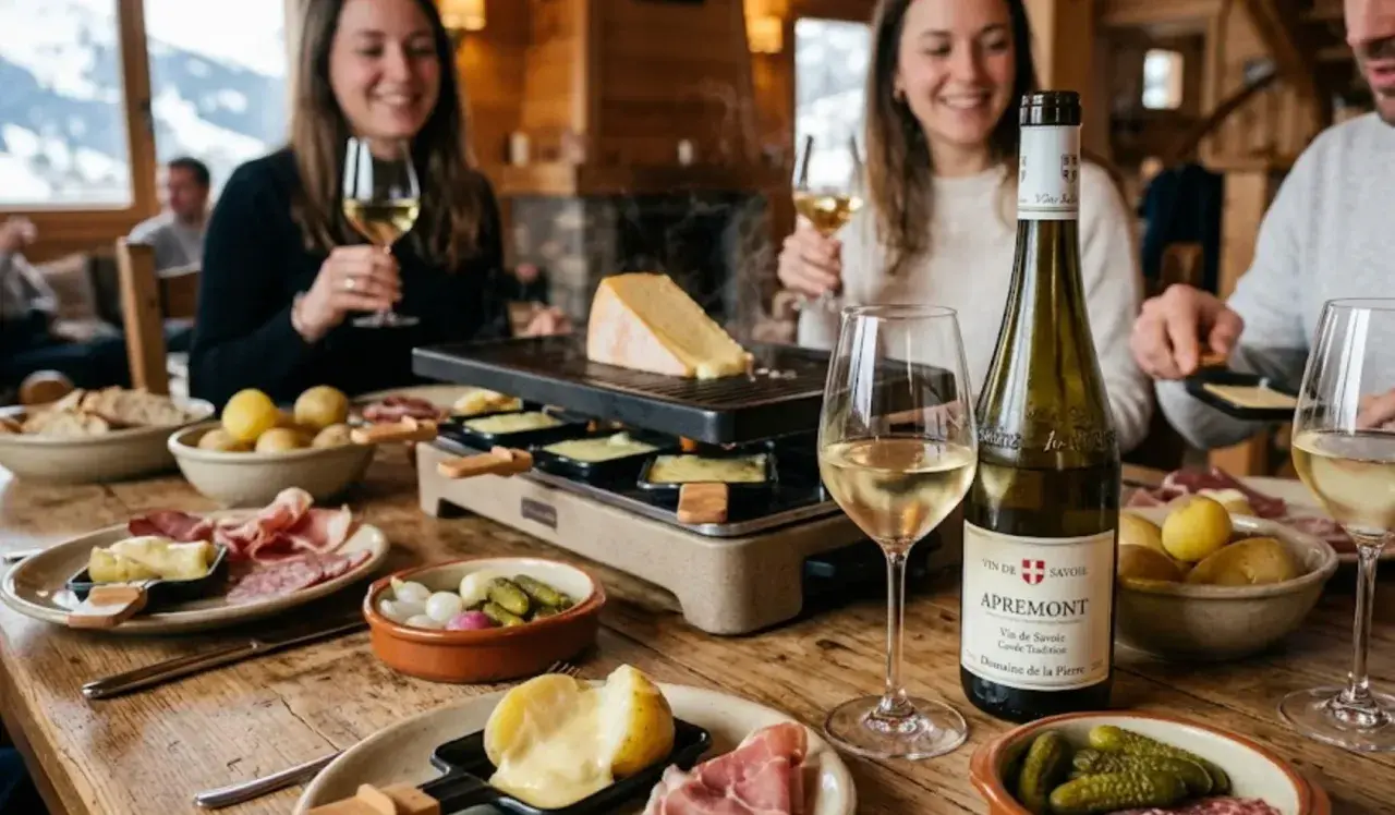 Un groupe d'amis savoure une raclette et du vin blanc, avec une bouteille d'Apremont. Le pinot noir raclette est un délice.