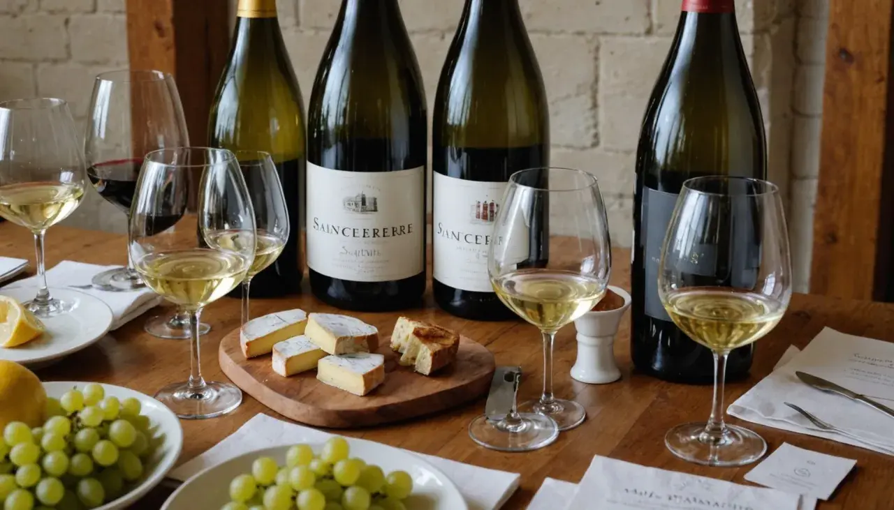 Dégustation de vins de Sancerre : une liste de bouteilles, verres de vin blanc et rouge, fromage et raisins sur une table en bois.