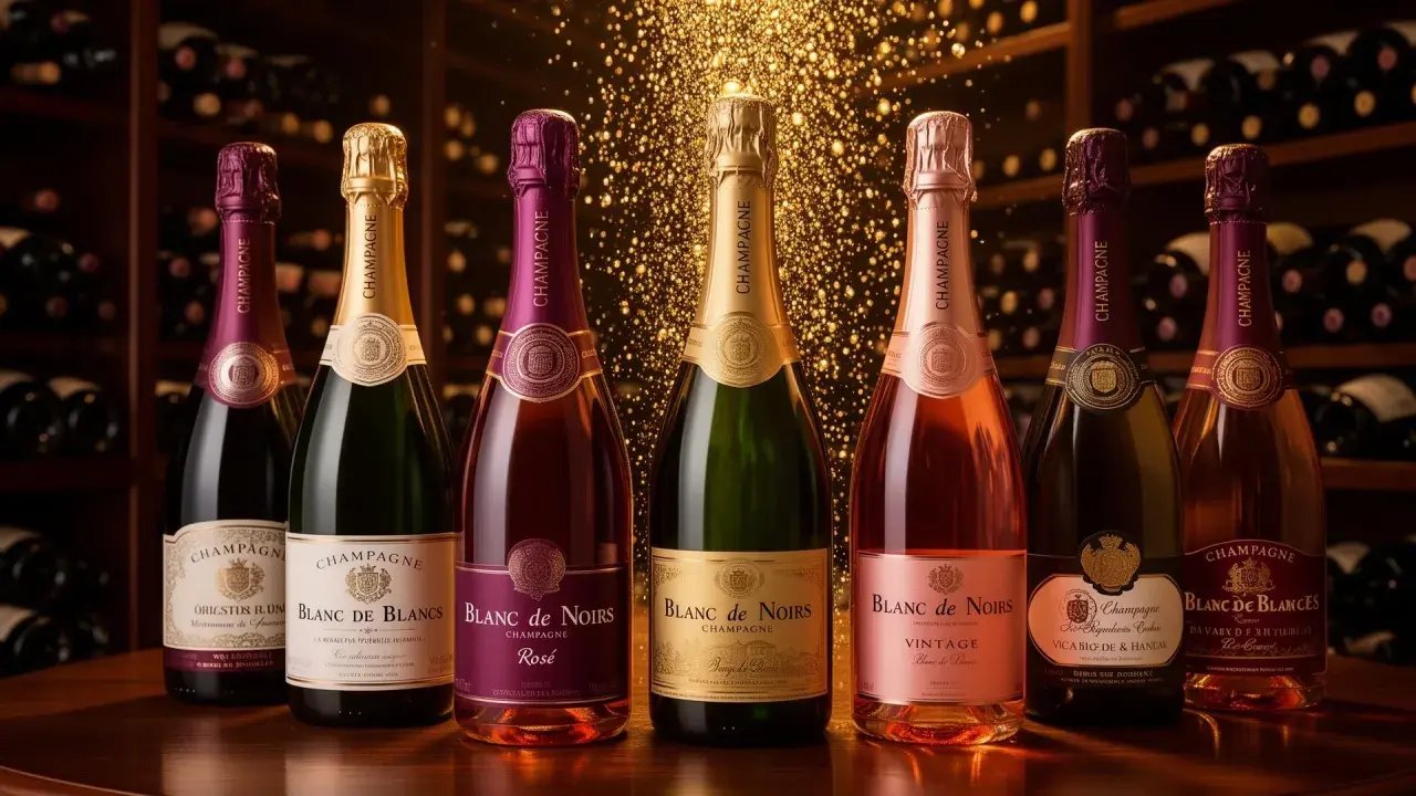 Une sélection de bouteilles de champagne, dont un "Blanc de Blancs" et un "Blanc de Noirs", baignant dans une lumière dorée. La fiche d'encépagement champagne est subtilement suggérée par la variété des cuvées.
