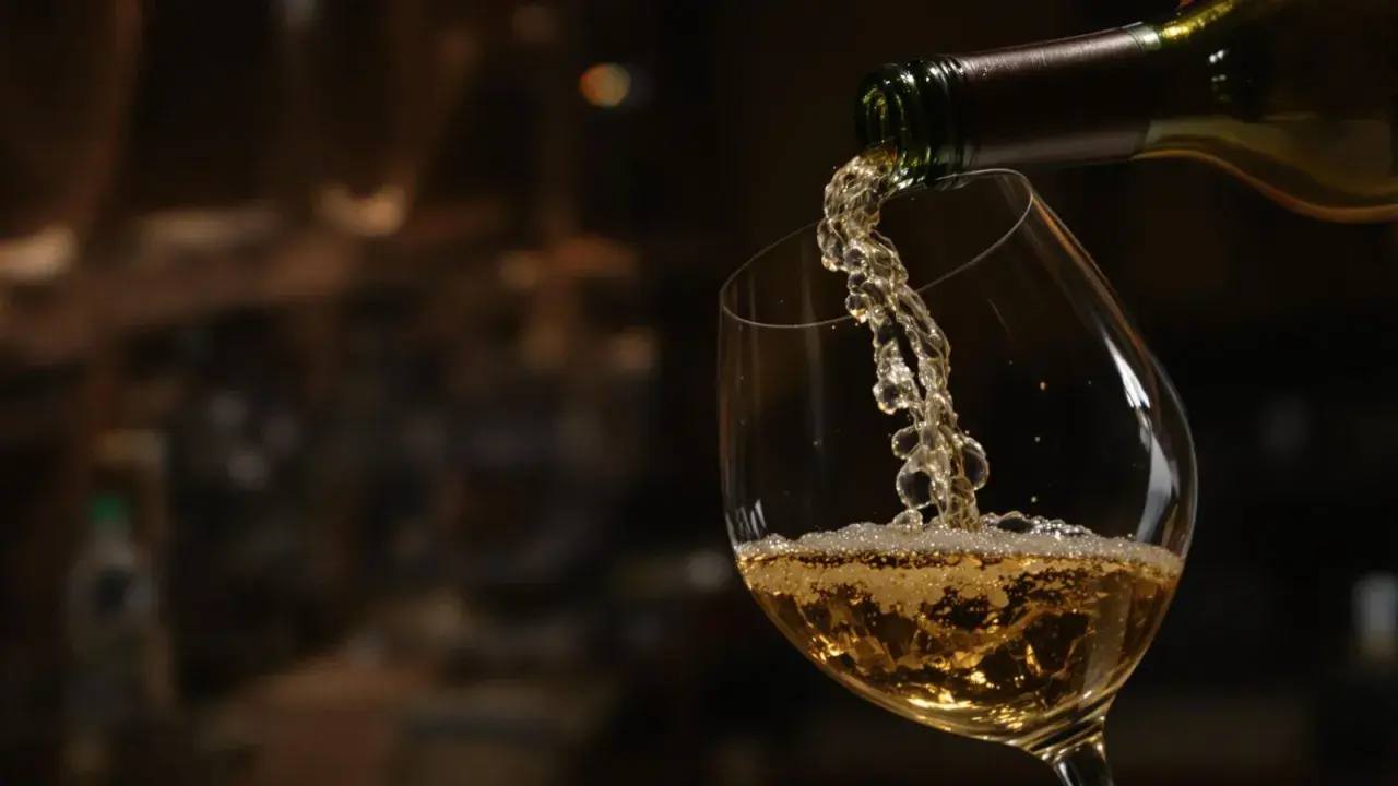 Un vin nature coule d'une bouteille dans un verre, créant une mousse légère. Une invitation à découvrir l'authenticité.