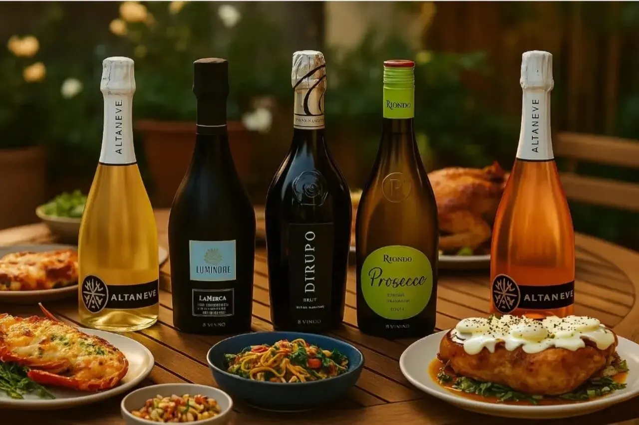 Cinq bouteilles de vin pétillant, dont un Riondo Prosecco, sont disposées sur une table en bois avec des plats de fruits de mer et un poulet rôti.