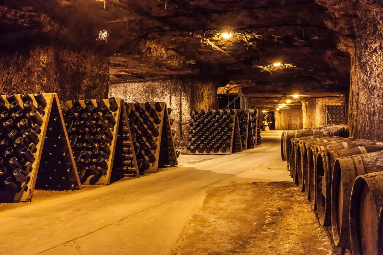 Intérieur d'une cave troglodyte, avec des rangées de bouteilles de vin sur des pupitres et des tonneaux en bois.